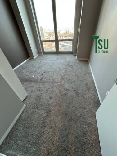 Living-room carpet before cleaning, heavily soiled and flattened along the walkway